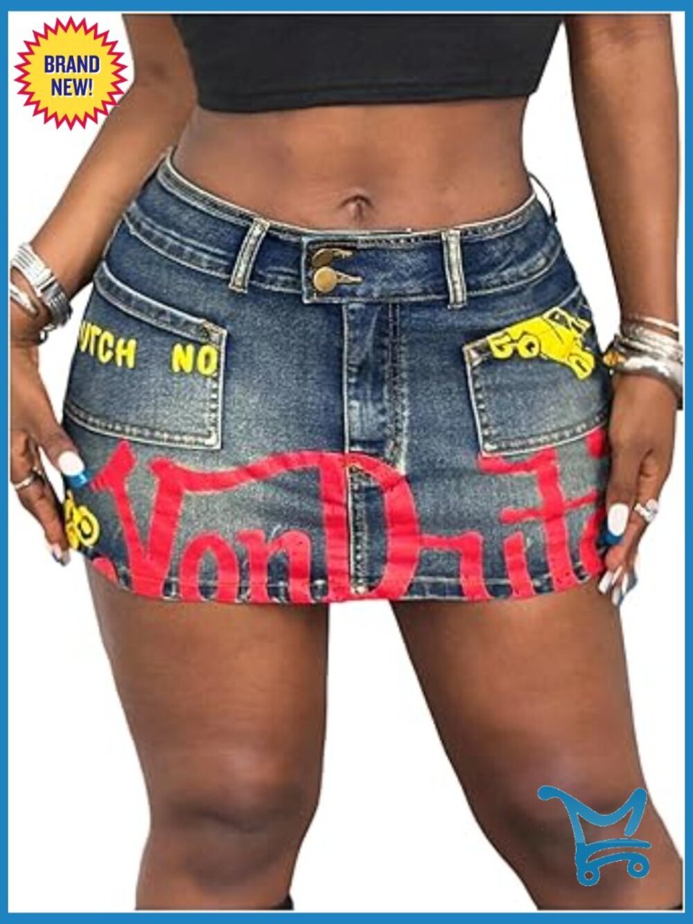 Y2K Letter Print Jean Skirt with Pockets Micro Denim Mini